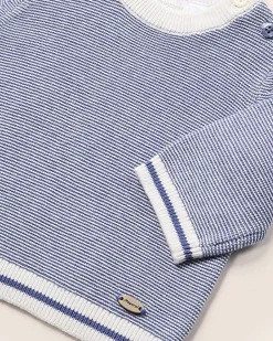 Maglia mouliné in puro cotone bianca e blu a righe sottili con scollo a giro 6-18 mesi