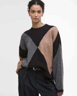 Maglia nera Babour in misto lana a motivo a rombi grigi e color cammello con scollo tondo
