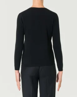 Maglia nera girocollo in cashmere con profili lavorati a costine