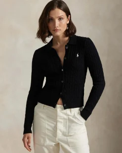Maglia nera in cotone a trecce Polo Ralph Lauren con colletto a camicia e chiusura a bottoni