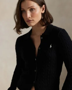 Maglia nera in cotone a trecce Polo Ralph Lauren con colletto a camicia e chiusura a bottoni