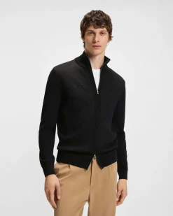 Maglia nera in pura lana vergine con pannello lavorato e chiusura zip a doppio cursore
