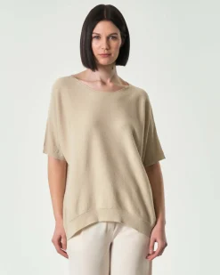 Maglia over color oro in misto viscosa con inserti in lurex e maniche al gomito