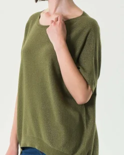 Maglia over verde militare in misto viscosa con inserti in lurex oro e maniche al gomito