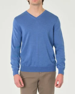 Maglia Pellizzari celeste con scollo a V in pura lana merino