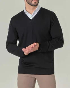Maglia Pellizzari con scollo a V nera in pura lana merino