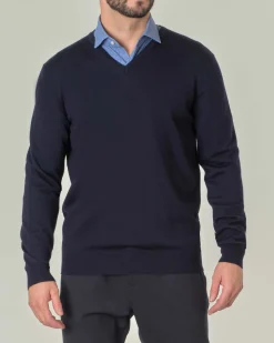 Maglia Pellizzari con scollo a V blu navy in pura lana merino