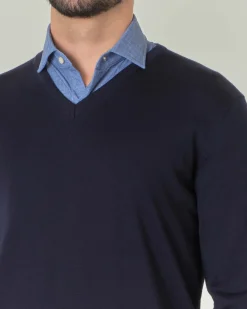 Maglia Pellizzari con scollo a V blu navy in pura lana merino