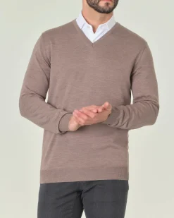 Maglia Pellizzari con scollo a V color tortora in pura lana merino