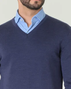 Maglia Pellizzari con scollo a V blu melange in pura lana merino