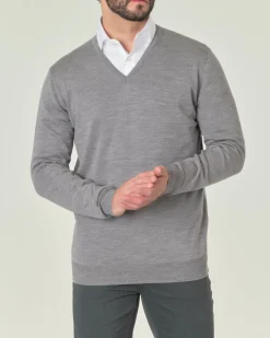 Maglia Pellizzari con scollo a V grigio in pura lana merino