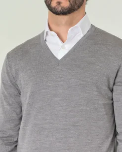 Maglia Pellizzari con scollo a V grigio in pura lana merino