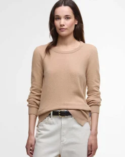 Maglia Pendle Barbour color cammello in lana e cotone con scollo a giro e toppe sui gomiti a fantasia tartan a contrasto