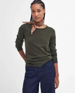 Maglia Pendle Barbour verde in lana e cotone con scollo a giro e toppe sui gomiti a fantasia tartan a contrasto