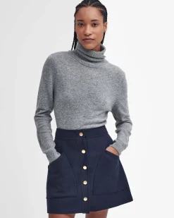 Maglia Pendle Roll Barbour grigia a collo alto in lana e cotone con toppe sui gomiti a fantasia tartan a contrasto