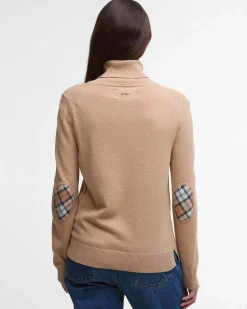 Maglia Pendle Roll Barbour color cammello a collo alto in lana e cotone con toppe sui gomiti a fantasia tartan a contrasto