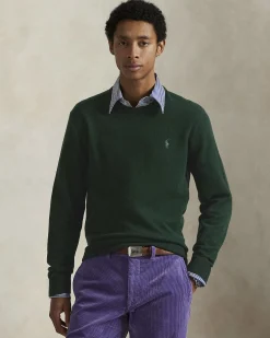 Maglia Polo Ralph Lauren verde in pura lana con scollo a giro e logo pony in tono ricamato sul petto