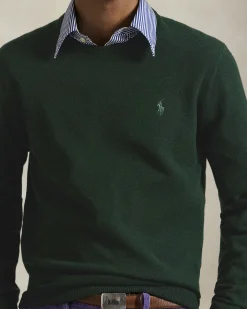 Maglia Polo Ralph Lauren verde in pura lana con scollo a giro e logo pony in tono ricamato sul petto