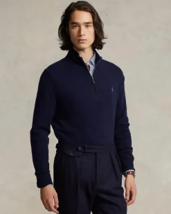 Maglia Polo Ralph Lauren blu in pura lana con apertura a mezza zip e logo pony in tono sul petto