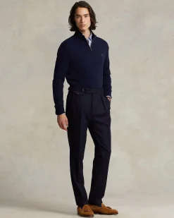 Maglia Polo Ralph Lauren blu in pura lana con apertura a mezza zip e logo pony in tono sul petto