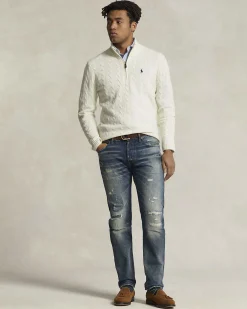 Maglia Polo Ralph Lauren panna in lana e cashmere lavorata a trecce con apertura a mezza zip