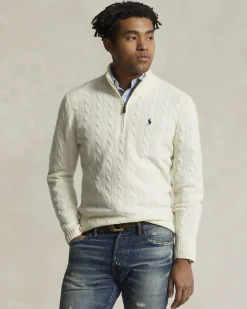 Maglia Polo Ralph Lauren panna in lana e cashmere lavorata a trecce con apertura a mezza zip
