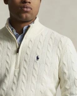 Maglia Polo Ralph Lauren panna in lana e cashmere lavorata a trecce con apertura a mezza zip