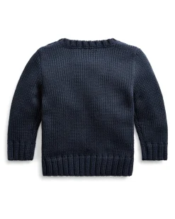 Maglia Polo Ralph Lauren blu girocollo in cotone con bandiera USA e sigla RL jacquard