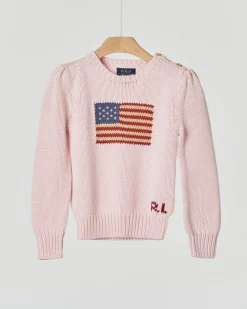 Maglia Polo Ralph Lauren rosa girocollo in cotone con bandiera USA