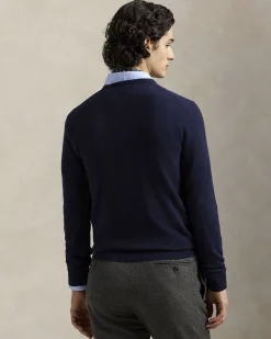 Maglia Polo Ralph Lauren blu in pura lana con scollo a giro e logo pony in tono ricamato sul petto
