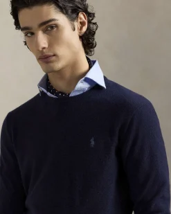 Maglia Polo Ralph Lauren blu in pura lana con scollo a giro e logo pony in tono ricamato sul petto