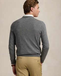Maglia Polo Ralph Lauren grigia girocollo in pura lana merino con logo pony ricamato in tono sul petto