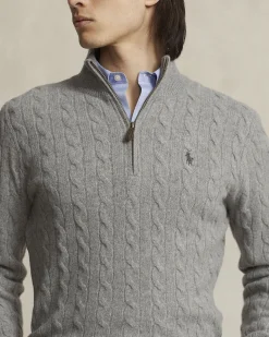 Maglia Polo Ralph Lauren grigia in lana e cashmere lavorata a trecce con apertura a mezza zip