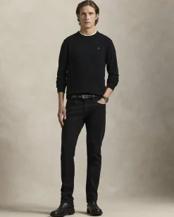 Maglia Polo Ralph Lauren nera in pura lana con scollo a giro e logo pony in tono ricamato sul petto