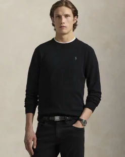 Maglia Polo Ralph Lauren nera in pura lana con scollo a giro e logo pony in tono ricamato sul petto