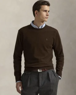 Maglia Polo Ralph Lauren marrone in pura lana con scollo a giro e logo pony in tono ricamato sul petto