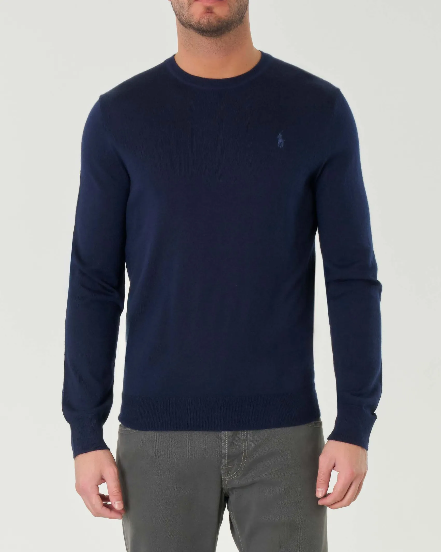 Maglia Polo Ralph Lauren blu girocollo in pura lana merino con logo pony ricamato in tono sul petto