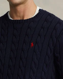 Maglia Polo Ralph Lauren blu in puro cotone a trecce con logo pony rosso ricamato sul petto