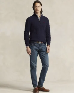 Maglia Polo Ralph Lauren blu in lana e cashmere lavorata a trecce con apertura a mezza zip