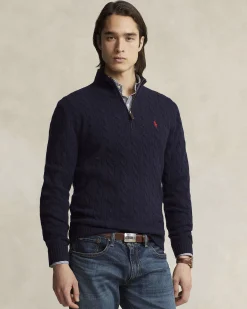Maglia Polo Ralph Lauren blu in lana e cashmere lavorata a trecce con apertura a mezza zip