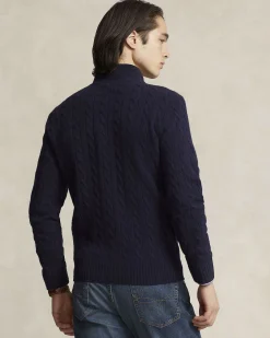 Maglia Polo Ralph Lauren blu in lana e cashmere lavorata a trecce con apertura a mezza zip