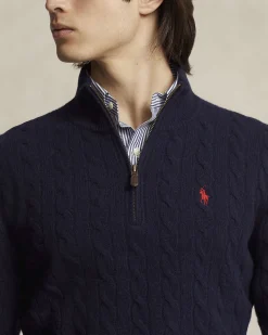 Maglia Polo Ralph Lauren blu in lana e cashmere lavorata a trecce con apertura a mezza zip