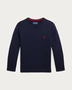 Maglia Polo Ralph Lauren blu girocollo in cotone con logo pony rosso