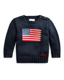 Maglia Polo Ralph Lauren blu girocollo in cotone con bandiera USA e sigla RL jacquard