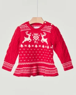 Maglia Ralph Lauren rossa in misto cotone e lana con fantasia norvegese e volants