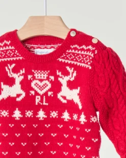 Maglia Ralph Lauren rossa in misto cotone e lana con fantasia norvegese e volants