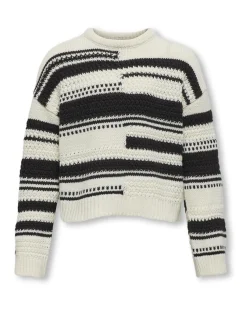 Maglia relaxed in misto cotone panna tricot a fantasia righe spezzate nere