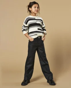 Maglia relaxed in misto cotone panna tricot a fantasia righe spezzate nere