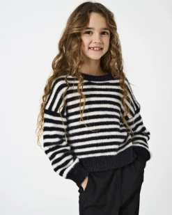 Maglia relaxed in punto pelliccia a fantasia rigata nera e bianca con maniche bishop