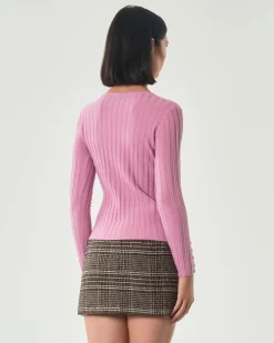Maglia rosa bubble Hlo! in misto viscosa a coste piatte con scollo a V e bottoncini lungo i polsini